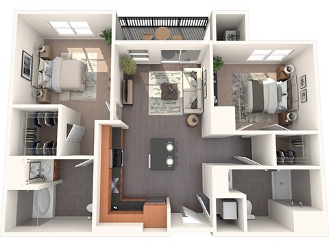 Floor plan for 2 beds, 2 baths, 1049 sqft